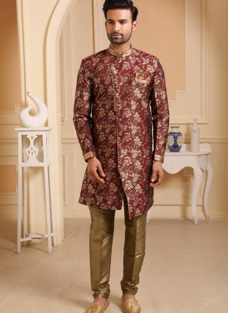 Maroon Colour Heavy Jacquard Silk Digital Print Wedding Wear Indo Western Mens Collection 9239